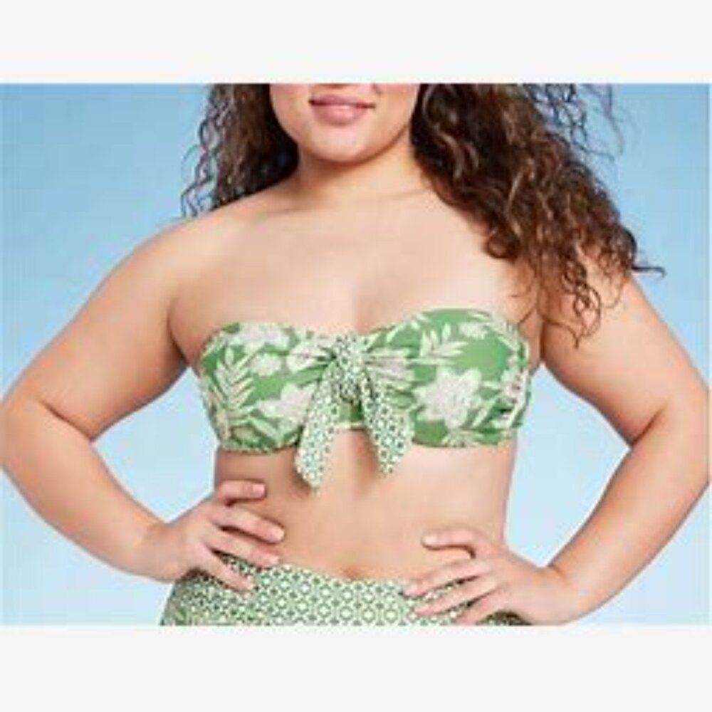 Shade and Shore Halter Bikini Tropical Green Floral Bandeau Bikini Top 36B NEW